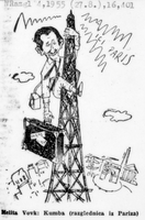 Kumba - razglednica iz Pariza - Avtorica karikature: Melita Vovk.
Objavljeno v: Naši razgledi, 27. 8. 1955.