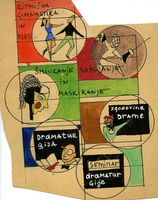 Ilustracije študijskih predmetov  - Ritmična gimnastika in ples, Sabljanje, Šminkanje in maskiranje, Zgodovina drame, Dramaturgija, Seminar dramaturgije